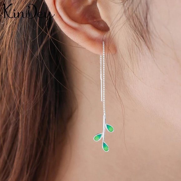 New Silver-Tone and Green Leaf Threader Earrings - Picture 6 of 7